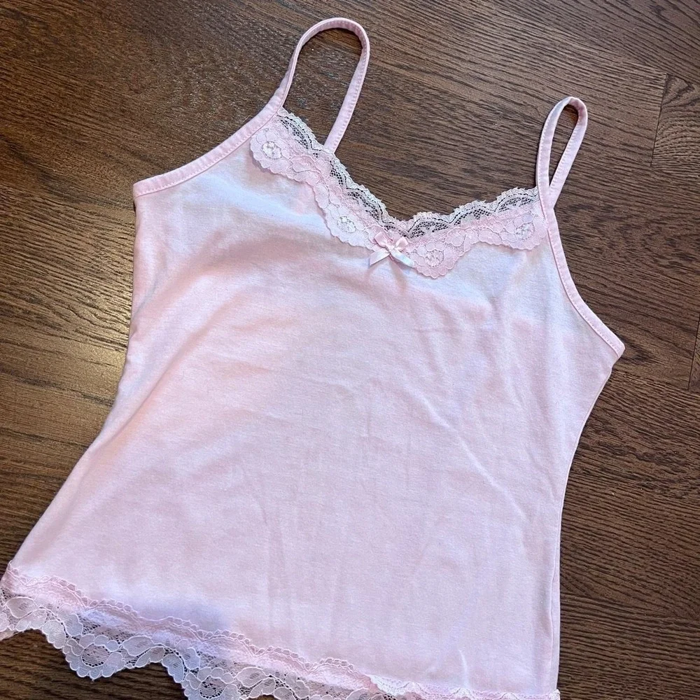 y2k pink lace trim bow detail tank small - Picture 2 of 5